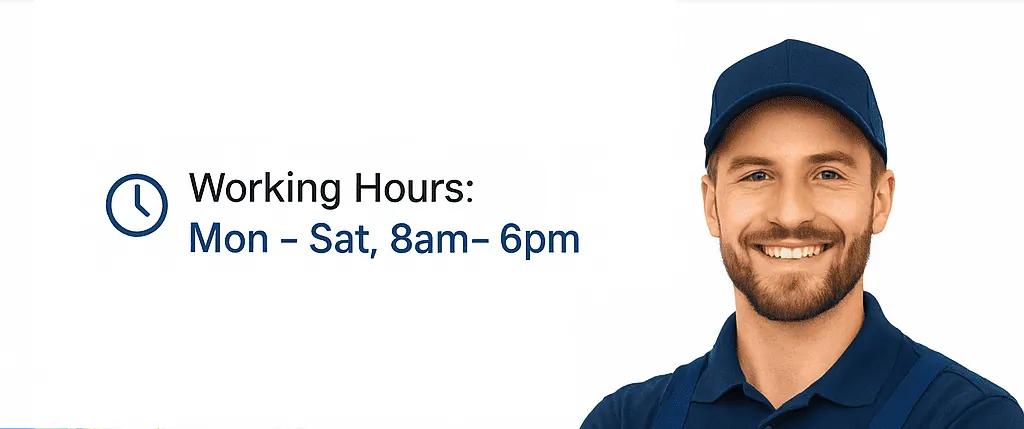 Smiling appliance repair technician next to working hours, Monday to Saturday, 8am to 6pm